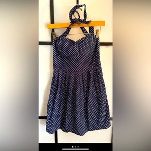 1950’s style polkadot blue and white backless dress